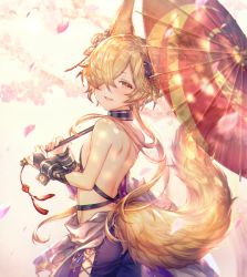 Rule 34 | 1boy, animal ears, backless outfit, bell, blonde hair, brown eyes, commentary request, erune, fox boy, fox ears, fox tail, granblue fantasy, hair bell, hair ornament, hair over one eye, kou (granblue fantasy), large tail, looking at viewer, male focus, open mouth, shigaraki (strobe blue), side-tie legwear, sideless outfit, smile, solo, tail, umbrella
