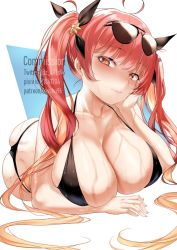 Rule 34 | 1girl, azur lane, bikini, black bikini, black ribbon, breasts, cleavage, closed mouth, commission, eyewear on head, hair ornament, hair ribbon, halterneck, hand on own cheek, hand on own face, highres, honolulu (azur lane), honolulu (summer accident?!) (azur lane), large breasts, long hair, lying, on stomach, red hair, ribbon, star (symbol), star hair ornament, sunglasses, sweat, swimsuit, twintails, very long hair, zasshu