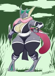 Rule 34 | 1boy, 1girl, 2017, absurdres, alternate color, arm up, armor, armpits, artist name, bare shoulders, black gloves, black thighhighs, breasts, charizard, cleavage, cloud, creatures (company), dagger, dated, dragon, dual wielding, feet, fingerless gloves, full body, furry, galvantula, game freak, gen 1 pokemon, gen 5 pokemon, gen 6 pokemon, gloves, grass, greaves, green background, green eyes, greninja, half-closed eyes, highres, holding, holding weapon, japanese clothes, knife, large breasts, long tongue, looking to the side, motion lines, ninja, nintendo, no bra, open mouth, outdoors, pelvic curtain, personification, pokemon, pokemon (creature), pokemon bw, pokemon rgby, pokemon xy, shiny pokemon, shiny skin, signature, simple background, sketch, skindentation, sky, sleepingeel, standing, surprised, text focus, thick thighs, thighhighs, thighs, tongue, tongue out, two-tone background, vambraces, weapon, wide hips, wings