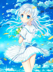 Rule 34 | 1girl, back bow, blue bow, blue eyes, blue sky, blush, bow, cloud, cloudy sky, dandelion, day, dress, feathers, flower, from behind, highres, large bow, leaf, long hair, looking at viewer, looking back, original, petals, pleated dress, rugo, sailor dress, short sleeves, sky, solo, sparkle, standing, white feathers, white hair