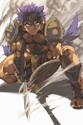 Rule 34 | 1boy, abs, animal ears, armor, bandaged hand, bandages, bara, closed mouth, dog boy, dog ears, dog tail, highres, holding, holding shield, holding sword, holding weapon, large pectorals, male focus, muscular, muscular male, navel, original, pauldrons, pectorals, pelvic curtain, purple hair, sagami jon, sandals, shield, short hair, shoulder armor, solo, sword, tail, weapon