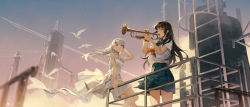 Rule 34 | 2girls, bird, black hair, blue sailor collar, blue skirt, blurry, building, closed eyes, closed mouth, cloud, commentary request, contrail, depth of field, dress, grey eyes, hair blowing, hair ornament, hairclip, hand in own hair, highres, holding, holding instrument, instrument, ji dao ji, ladder, long hair, looking at another, midriff peek, mixed-language commentary, multiple girls, music, on railing, original, playing instrument, pleated skirt, railing, red neck, sailor collar, school uniform, serafuku, shirt, sitting, skirt, sky, skyline, smile, standing, trumpet, white bird, white dress, white hair, white shirt