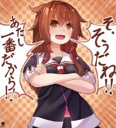 Rule 34 | 1girl, absurdres, black serafuku, breasts, brown eyes, brown hair, commentary request, hair flaps, hairband, hibiki (zerocodo), highres, kantai collection, long hair, orange hairband, red hairband, school uniform, serafuku, shiratsuyu (kancolle), shiratsuyu kai ni (kancolle), small breasts, solo, speech bubble, translation request, upper body