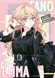 Rule 34 | 1girl, absurdres, bag, black shirt, blonde hair, character name, closed mouth, collared shirt, cowboy shot, earrings, hair between eyes, highres, jewelry, long hair, pink background, pizza oisii6, sano emma, shirt, sleeves rolled up, solo, standing, tokyo revengers, watch, wristwatch, yellow eyes