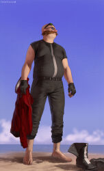 Rule 34 | 1boy, arm hair, artist name, bald, barefoot, beach, belt, black-framed eyewear, black footwear, black gloves, black pants, black shirt, blue sky, boots, unworn boots, closed mouth, cloud, day, dirty, dirty feet, dr. eggman, eyewear on head, facial hair, fat, fat man, feet, fingerless gloves, full body, gloves, goggles, gradient sky, green-tinted eyewear, highres, holding, holding clothes, holding jacket, horizon, jacket, unworn jacket, leg hair, looking to the side, male focus, mustache, ocean, outdoors, pants, pants rolled up, red jacket, sand, shirt, shirt tucked in, short sleeves, sky, sleeves rolled up, solo, sonic (series), standing, sunglasses, tinted eyewear, totesfleisch8, water, watermark, wet, zipper
