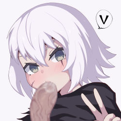 Rule 34 | 1girl, artist request, bad id, bad pixiv id, blush, censored, empty eyes, facial scar, fate/apocrypha, fate/grand order, fate (series), fellatio, green eyes, highres, jack the ripper (fate/apocrypha), lips, looking at viewer, mosaic censoring, oral, orcaii, penis, purple background, scar, scar across eye, scar on cheek, scar on face, short hair, silver hair, simple background, solo focus, spoken letter, upper body, v