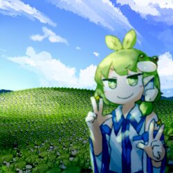 Rule 34 | 6+girls, antenna hair, bliss (image), blue sky, breasts, bright pupils, closed mouth, cloud, collared shirt, commentary request, day, detached sleeves, double w, frog hair ornament, green eyes, green hair, hair ornament, highres, kochiya sanae, looking at viewer, medium bangs, microsoft windows, multiple girls, multiple persona, outdoors, plant hair, shirt, short hair, single hair tube, single sidelock, sky, sleeveless, sleeveless shirt, small breasts, smile, snake hair ornament, touhou, upper body, w, white pupils, white shirt, white sleeves, wide sleeves, windows xp, yaise