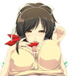 Rule 34 | 10s, 1girl, asuka (senran kagura), blush, breasts, brown eyes, brown hair, censored, hair ribbon, large breasts, paizuri, paizuri under clothes, penis, pointless censoring, ribbon, scarf, senran kagura, shiki (psychedelic g2), simple background, solo focus, sweater vest, upper body