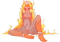 Rule 34 | 1girl, barefoot, blonde hair, breasts, breasts apart, collar, commentary, cracked skin, dark skin, dark-skinned female, duel monster, english commentary, feet, fiery hair, fire, forehead, full body, hair intakes, headgear, laval volcano handmaiden, long hair, looking at viewer, medium breasts, monster girl, navel, nipples, nude, orange eyes, pussy, rtil, simple background, sitting, smile, solo, spread legs, v-shaped eyebrows, very long hair, white background, yu-gi-oh!