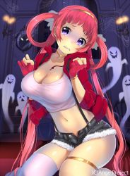 Rule 34 | 10s, 1girl, ange vierge, blush, breasts, cleavage, copyright name, crop top, cutoffs, fingerless gloves, ghost, gloves, hair rings, hood, hoodie, jacket, jewelry, large breasts, long hair, looking at viewer, lots of jewelry, mataro (matarou), navel, open clothes, open hoodie, original, pink hair, purple eyes, red gloves, scared, shiny skin, shirt, short shorts, shorts, single thighhigh, skindentation, solo, suspenders, taut clothes, taut shirt, thighhighs, twintails, very long hair, white shirt, white thighhighs