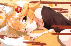 Rule 34 | 1girl, animal ear fluff, animal ears, bare shoulders, black kimono, blonde hair, closed mouth, collarbone, commentary request, fang, fox ears, fox tail, hair ornament, highres, japanese clothes, kimono, looking at viewer, one eye closed, senko (sewayaki kitsune no senko-san), sewayaki kitsune no senko-san, short hair, smile, solo, tail, takuro (taku3949), yellow eyes