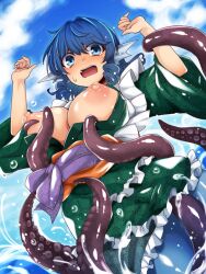 Rule 34 | 1girl, blue eyes, blue hair, blue sky, breasts, drill hair, drill sidelocks, dutch angle, fins, fish tail, frilled kimono, frills, from below, green kimono, head fins, hemogurobin a1c, japanese clothes, kimono, large breasts, looking at viewer, mermaid, monster girl, nipples, open mouth, print kimono, sidelocks, sky, solo, tail, tentacles, touhou, wakasagihime, wide sleeves