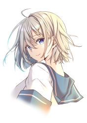 Rule 34 | 1girl, back, blue eyes, blue sailor collar, breasts, eyes visible through hair, hair ornament, hairclip, hamakaze (kancolle), highres, kantai collection, large breasts, lips, looking at viewer, looking back, looking to the side, mimamui, sailor collar, school uniform, serafuku, short hair, short sleeves, silver hair, simple background, solo, upper body, white background