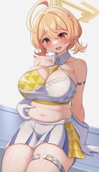 Rule 34 | 1girl, absurdres, bare shoulders, belly grab, blue archive, blue skirt, breasts, cheerleader, cleavage, collarbone, gloves, grey background, halo, highres, kotori (blue archive), kotori (cheer squad) (blue archive), large breasts, midriff, millennium cheerleader outfit (blue archive), navel, nekojima, official alternate costume, open mouth, plump, red eyes, short hair, short twintails, simple background, skirt, solo, thighs, triangle halo, twintails, two-tone skirt, white gloves, whtie skirt, yellow halo