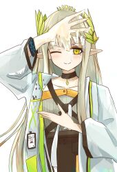 Rule 34 | 1girl, :&gt;, arknights, black choker, blush, choker, closed mouth, coat, green eyes, hair between eyes, hair ornament, hand up, highres, infection monitor (arknights), lab coat, laurel crown, laurels, light brown hair, long hair, long sleeves, looking at viewer, mole, mole under eye, muelsyse (arknights), one eye closed, open clothes, open coat, pointy ears, rhine lab logo, roika, simple background, smile, solo, transformation, upper body, wet, white background, white coat, wide sleeves