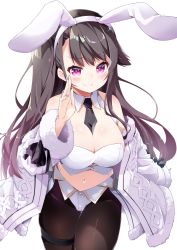 Rule 34 | 1girl, absurdres, adapted costume, animal ears, azur lane, bandeau, bare shoulders, black hair, blue nails, blush, breasts, cleavage, closed mouth, collar, commentary request, detached collar, eyebrows, fake animal ears, fang, fur-trimmed jacket, fur-trimmed sleeves, fur trim, hand on own cheek, hand on own face, head tilt, highres, jacket, large breasts, leer.meer, leotard, long hair, long sleeves, looking at viewer, nail polish, navel, necktie, off shoulder, pamiat merkuria (azur lane), pantyhose, pink eyes, playboy bunny, sidelocks, skin fang, skindentation, smile, solo, standing, thigh strap, transparent background, very long hair, white bandeau, white jacket