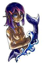 Rule 34 | 1girl, bad id, bad pixiv id, blue eyes, bracelet, breasts, dark-skinned female, dark skin, hair ornament, hairclip, jewelry, matado, mermaid, monster girl, multicolored hair, necklace, nipples, nude, original, own hands clasped, own hands together, purple hair, simple background, small breasts, solo, sparkle, tattoo, water, white background
