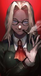 Rule 34 | 1girl, absurdres, ascot, blue eyes, cigar, forehead, glasses, gloves, hellsing, highres, ibuo (ibukht1015), integra hellsing, lips, long hair, parted bangs, platinum blonde hair, red ascot, red background, reverse trap, smirk, smoke, smoking, solo, white gloves
