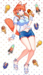 Rule 34 | 1girl, absurdres, animal ears, aqua choker, blouse, blush, braid, breasts, cat ears, cat girl, cat tail, chicken (food), chicken leg, choker, cleavage, closed mouth, denim, denim shorts, earrings, feather earrings, feathers, food, full body, hairband, highres, holding, holding food, hololive, hololive english, jewelry, kim nico, large breasts, legs, looking at viewer, nail polish, official alternate costume, open fly, polka dot, polka dot background, purple eyes, sandals, shirt, shorts, smile, solo, tail, takanashi kiara, takanashi kiara (casual), thigh gap, thighs, twin braids, virtual youtuber, white hair, white shirt, wrist cuffs