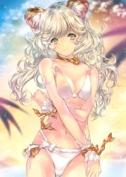 Rule 34 | 1girl, absurdres, animal ear fluff, animal ears, bare shoulders, bell, bikini, blonde hair, blue sky, blurry, blurry background, bow, breasts, choker, cleavage, closed mouth, cloud, cloudy sky, collar, collarbone, gluteal fold, green eyes, highres, lips, long hair, medium breasts, min-naraken, navel, neck bell, orange sky, outdoors, pom pom (clothes), scan, shiny skin, sky, smile, solo, star (symbol), stomach, swimsuit, toranoana, white bikini, wrist cuffs