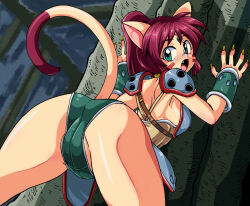 Rule 34 | 1girl, against tree, animal ears, armor, ass, bracer, breastplate, brown hair, brown shirt, cameltoe, cat ears, cat girl, cat tail, claws, facial mark, fang, forehead jewel, forest, from behind, green eyes, green shorts, highres, kanriken, kouryuu densetsu villgust, leaning forward, long hair, looking back, nature, open mouth, outdoors, ponytail, presenting, ryuquir (villgust), shirt, short shorts, shorts, shoulder armor, solo, tail, thighs, tree