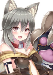 Rule 34 | 10s, 1girl, animal ears, bad id, bad pixiv id, bare shoulders, blush, breasts, choker, claw (weapon), claws, erune, fang, granblue fantasy, grey hair, hair between eyes, looking at viewer, medium breasts, open mouth, pink eyes, sen (granblue fantasy), simple background, solo, weapon, white background, yuzu-aki