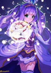 Rule 34 | 1girl, aqua eyes, artist name, commentary request, cure majesty, dress, elbow gloves, ellee-chan, eyelashes, gloves, hair ornament, hairband, happy, hirogaru sky! precure, long hair, looking at viewer, magical girl, precure, purple dress, purple hair, shrimp1634, smile, solo, standing, thighhighs, thighs, twitter username, very long hair, white gloves