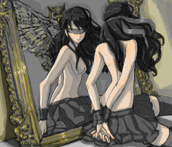Rule 34 | 1girl, back, bad id, bad pixiv id, bdsm, bird, black hair, black thighhighs, blindfold, bondage, bound, bound wrists, breasts, commentary request, different reflection, long hair, medium breasts, mirror, no nipples, original, owl, photoshop (medium), reflection, saitou masatsugu, skirt, solo, thighhighs, topless, zettai ryouiki