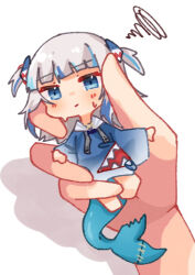 Rule 34 | 1girl, 1other, barefoot, blue eyes, blue hair, blue hoodie, blunt bangs, blush, chibi, commentary request, fins, fish tail, full body, gawr gura, gawr gura (1st costume), gradient sleeves, grey hair, hair ornament, hololive, hololive english, hood, hood down, hoodie, in palm, kurushiro1102, long sleeves, medium hair, mini person, minigirl, multicolored hair, no pants, pov, pov hands, shark hair ornament, shark tail, sleeves past wrists, solo focus, squiggle, streaked hair, sweatdrop, tail, two side up, virtual youtuber, wide sleeves