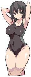Rule 34 | 1girl, absurdres, alternate breast size, amagami, armpits, arms behind head, black eyes, black hair, breasts, competition swimsuit, enpe, highres, large breasts, looking at viewer, nanasaki ai, one-piece swimsuit, parted lips, simple background, solo, standing, swimsuit, thick thighs, thighs, white background