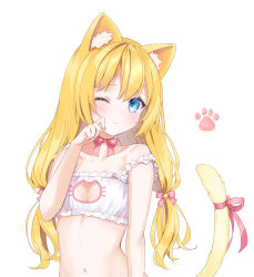 Rule 34 | 1girl, animal ears, bare shoulders, blonde hair, blue eyes, blush, cat cutout, cat ears, cat lingerie, cat tail, cleavage cutout, clothing cutout, collarbone, copyright request, flat chest, hair ribbon, highres, looking at viewer, meme attire, navel, off shoulder, one eye closed, paw print, ribbon, rimo, simple background, solo, stomach, tail, twintails, underwear, underwear only, white background