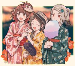 Rule 34 | 3girls, :d, blue flower, blue kimono, blurry, blurry background, border, brown eyes, brown hair, brown hat, bullfalk, character mask, closed eyes, closed mouth, cotton candy, cowboy shot, dot nose, floral print, flower, food, forehead, gakuen idolmaster, grey hair, hair flower, hair ornament, half updo, hanami ume, hand fan, hat, highres, holding, holding fan, holding food, holding hands, idolmaster, index finger raised, japanese clothes, kimono, kuramoto china, light brown hair, long hair, long sleeves, looking ahead, mask, mask on head, multicolored hair, multiple girls, obi, open mouth, orange eyes, outside border, paper fan, parted bangs, pointing, ponytail, print kimono, red hair, red kimono, sash, shinosawa hiro, side-by-side, smile, star (symbol), star hair ornament, straight hair, swept bangs, two-tone hair, uchiwa, v-shaped eyebrows, white border, wide sleeves, yellow kimono