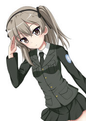 Rule 34 | 10s, 1girl, black jacket, black necktie, black skirt, brown eyes, closed mouth, commentary, cowboy shot, dress shirt, dutch angle, emblem, flipper, girls und panzer, jacket, light brown hair, light frown, long hair, long sleeves, looking at viewer, military, military uniform, miniskirt, necktie, pleated skirt, salute, selection university (emblem), selection university military uniform, shimada arisu, shirt, side ponytail, simple background, skirt, solo, standing, uniform, white background, white shirt