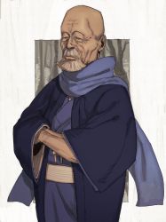 Rule 34 | 1boy, bald, beard, blue scarf, closed eyes, facial hair, golden kamuy, highres, japanese clothes, kimono, mustache, nagakura shinpachi (golden kamuy), old, old man, scarf, solo, standing, wide sleeves, yomimomsg