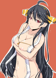 Rule 34 | 10s, 1girl, bad id, bad pixiv id, black hair, blush, bottomless, breast lift, breasts, brown eyes, hairband, haruna (kancolle), highres, kantai collection, kirise mitsuru, large breasts, long hair, looking at viewer, nipples, out-of-frame censoring, personification, smile, solo