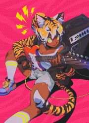 Rule 34 | 1girl, amplifier, animal ears, animal print, belt, black belt, breasts, cable, cleavage, dark-skinned female, dark skin, fang, foot out of frame, grey shorts, guitar, halftone, halftone background, highres, holding, holding instrument, instrument, knee up, long sleeves, looking at viewer, medium breasts, original, pink background, shorts, solo, sorrysap, tail, tank top, tiger ears, tiger print, tiger tail, white tank top, yellow eyes