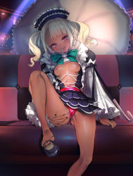 Rule 34 | 1girl, bare legs, barefoot, between toes, black dress, black nails, blunt bangs, bow, bowtie, breasts, couch, dark-skinned female, dark skin, dragon quest, dragon quest x, drawstring, dress, feet, frills, gothic lolita, green bow, green bowtie, highres, kaede (sayappa), layered dress, lolita fashion, long sleeves, looking at viewer, nail polish, navel, nipples, no bra, panties, parasol, puffy long sleeves, puffy sleeves, pussy juice, red eyes, red panties, shoe dangle, short dress, sitting, small breasts, smile, solo, spread pussy under clothes, toenail polish, toenails, toes, two side up, umbrella, underwear, white hair