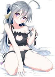 Rule 34 | 10s, 1girl, absurdres, ahoge, black bra, black panties, blush, bra, breasts, cat cutout, cat ear panties, cat lingerie, cleavage cutout, clothing cutout, grey hair, hair ribbon, highres, kantai collection, kiyoshimo (kancolle), long hair, looking at viewer, low twintails, meme attire, navel, nebusoku, panties, purple eyes, ribbon, side-tie panties, simple background, sitting, small breasts, smile, solo, twintails, underwear, underwear only, very long hair, white background