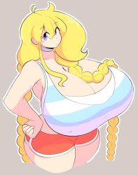 Rule 34 | 1girl, blonde hair, braid, breasts, cassie (theycallhimcake), choker, cleavage, covered erect nipples, curvy, gigantic breasts, grey eyes, gym shorts, highres, original, shirt, shorts, simple background, solo, striped clothes, striped shirt, theycallhimcake, twin braids, wide hips