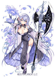 Rule 34 | 1girl, axe, black bow, black dress, black footwear, black gloves, blush, bow, breasts, cleavage, closed mouth, detached collar, detached sleeves, dot nose, dress, felicia (flower knight girl), flower, flower knight girl, fuepo, full body, gloves, grey eyes, grey hair, hair bow, hair flower, hair ornament, head tilt, huge weapon, large breasts, layered dress, long hair, mature female, name connection, object namesake, official art, petals, pointy ears, purple dress, shiny skin, shoes, simple background, smile, solo, standing, thighhighs, weapon, white background, white sleeves, white thighhighs