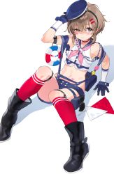 Rule 34 | 1girl, arm strap, arm support, armpits, bag, bare shoulders, black eyes, black footwear, blue gloves, blue hat, blue sailor collar, blue shorts, blush, boots, brown hair, buttons, choker, closed mouth, collarbone, crop top, flag, flat chest, gloves, gun, hair ornament, hairclip, hand up, handgun, hat, highres, holster, holstered, innertube, kneehighs, knees up, leg belt, looking at viewer, midriff, navel, neckerchief, original, pink neckerchief, reclining, red choker, red socks, sailor collar, sailor hat, sailor shirt, shadow, shirt, short hair, short shorts, shorts, sidelocks, sleeveless, sleeveless shirt, socks, solo, stomach, suspenders, swim ring, tilted headwear, tonito, uneven eyes, weapon, white background, white shirt
