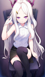 Rule 34 | 1girl, ahoge, armpits, bare arms, bare shoulders, black skirt, black thighhighs, blouse, blue archive, chair, collared shirt, convenient leg, flat chest, forehead, hand up, highres, hina (blue archive), horns, knee up, long hair, looking at viewer, miniskirt, nishino eri, parted bangs, parted lips, pencil skirt, purple eyes, shirt, shirt tucked in, side slit, sitting, skirt, sleeveless, sleeveless shirt, solo, thighhighs, white hair, white shirt, zettai ryouiki