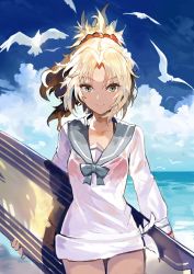 Rule 34 | 1girl, alchemaniac, bird, blonde hair, blue eyes, blue sailor collar, blue sky, closed mouth, commentary, cowboy shot, day, english commentary, fate/grand order, fate (series), highres, holding, holding surfboard, horizon, long sleeves, looking at viewer, mordred (fate), mordred (fate) (all), mordred (fate/apocrypha), mordred (swimsuit rider) (fate), mordred (swimsuit rider) (second ascension) (fate), ocean, outdoors, ponytail, sailor collar, school uniform, seagull, serafuku, shirt, sky, smile, solo, standing, surfboard, tied shirt, white shirt