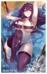 1girl absurdres armpits bikini blush breasts cleavage fate/grand_order fate_(series) gae_bolg_(fate) hair_between_eyes highres large_breasts long_hair looking_at_viewer musicatopos purple_bikini purple_hair red_eyes scathach_(fate) scathach_skadi_(fate) swimsuit thighhighs thighs tiara