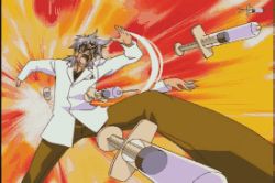 Rule 34 | 1990s (style), 1boy, angry, animated, animated gif, doctor, excel saga, glasses, iwata sekifumi, lab coat, lowres, male focus, medical, screencap, solo, syringe, throwing