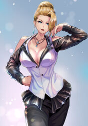 Rule 34 | 1girl, blonde hair, blue eyes, blue nails, breasts, cleavage, clothing cutout, earrings, formal, hair bun, hair over one eye, highres, jewelry, large breasts, lips, long sleeves, looking at viewer, makeup, mature (kof), mature female, necklace, pant suit, pants, short hair, shoulder cutout, single hair bun, smile, snk, solo, suit, the king of fighters, the king of fighters xiv, yukinoshinf