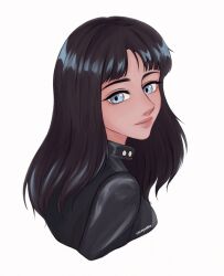 Rule 34 | 1girl, artist name, black dress, black hair, blue eyes, blunt bangs, close-up, cocoyashin, commentary, dress, english commentary, highres, looking back, medium hair, nico robin, one piece, simple background, solo, white background