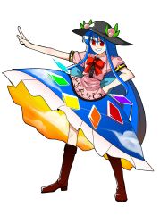 Rule 34 | 1girl, black hat, blue hair, blue skirt, boots, bow, brown footwear, buttons, diamond (shape), food, fruit, full body, hat, highres, hinanawi tenshi, leaf, long hair, peach, pink shirt, pointing, red bow, red eyes, red neckwear, sei (kaien kien), shirt, short sleeves, simple background, skirt, smile, solo, touhou, transparent background, very long hair
