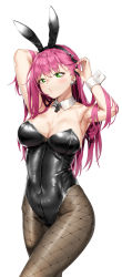 Rule 34 | 1girl, absurdres, animal ears, arms behind head, azur lane, black leotard, blush, breasts, cleavage, collarbone, commission, covered navel, cowboy shot, crossed legs, detached collar, fake animal ears, fishnet pantyhose, fishnets, glint, green eyes, hair between eyes, heart, heart-shaped pupils, highres, jewelry, large breasts, leotard, long hair, looking at viewer, memphis, nail polish, necklace, pantyhose, pink hair, pink nails, pixel (yuxian), pixiv commission, playboy bunny, puckered lips, rabbit, rabbit ears, shiny clothes, simple background, symbol-shaped pupils, wrist cuffs