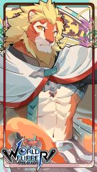 Rule 34 | 1boy, abs, absurdres, animal ears, animal nose, arm up, bara, beard, belt, bilingual, black pants, blonde hair, body fur, border, cape, closed mouth, copyright name, cowboy shot, english text, expressionless, facial hair, fire, furry, furry male, highres, japanese text, lion boy, lion ears, logo, looking at viewer, magnos (world flipper), male focus, mixed-language text, multicolored fur, muscular, muscular male, navel, orange eyes, orange fur, outside border, pants, pectorals, red border, red fur, red trim, relax lion, shrug (clothing), solo, spiked hair, split mouth, standing, stomach, whiskers, white cape, white fur, world flipper